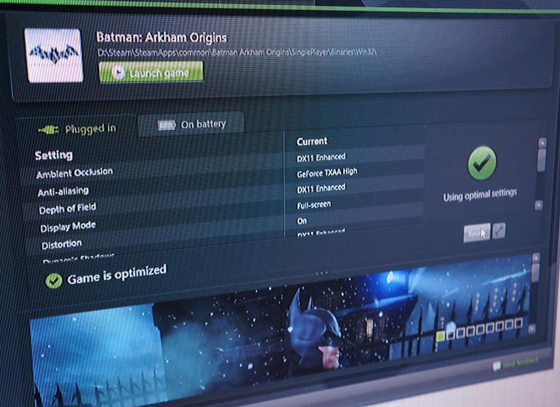 Using GeForce Experience, almost every aspect of game play is managed from a per-game perspective. Here you can clearly see two tabs for settings – Plugged in and On battery.