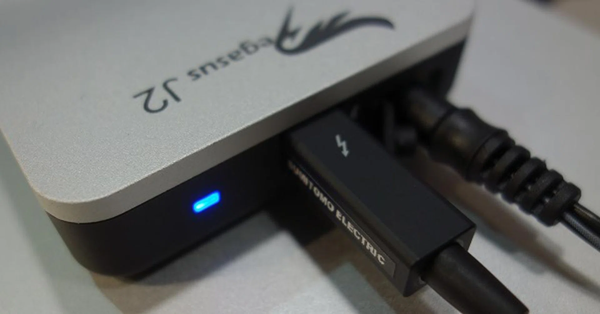 Power for the Pegasus J2 is provided by an external brick. Oddly enough, the status LED for the Pegasus J2 sits at the rear.