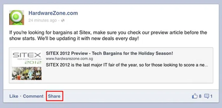 The Share button on the Facebook app.