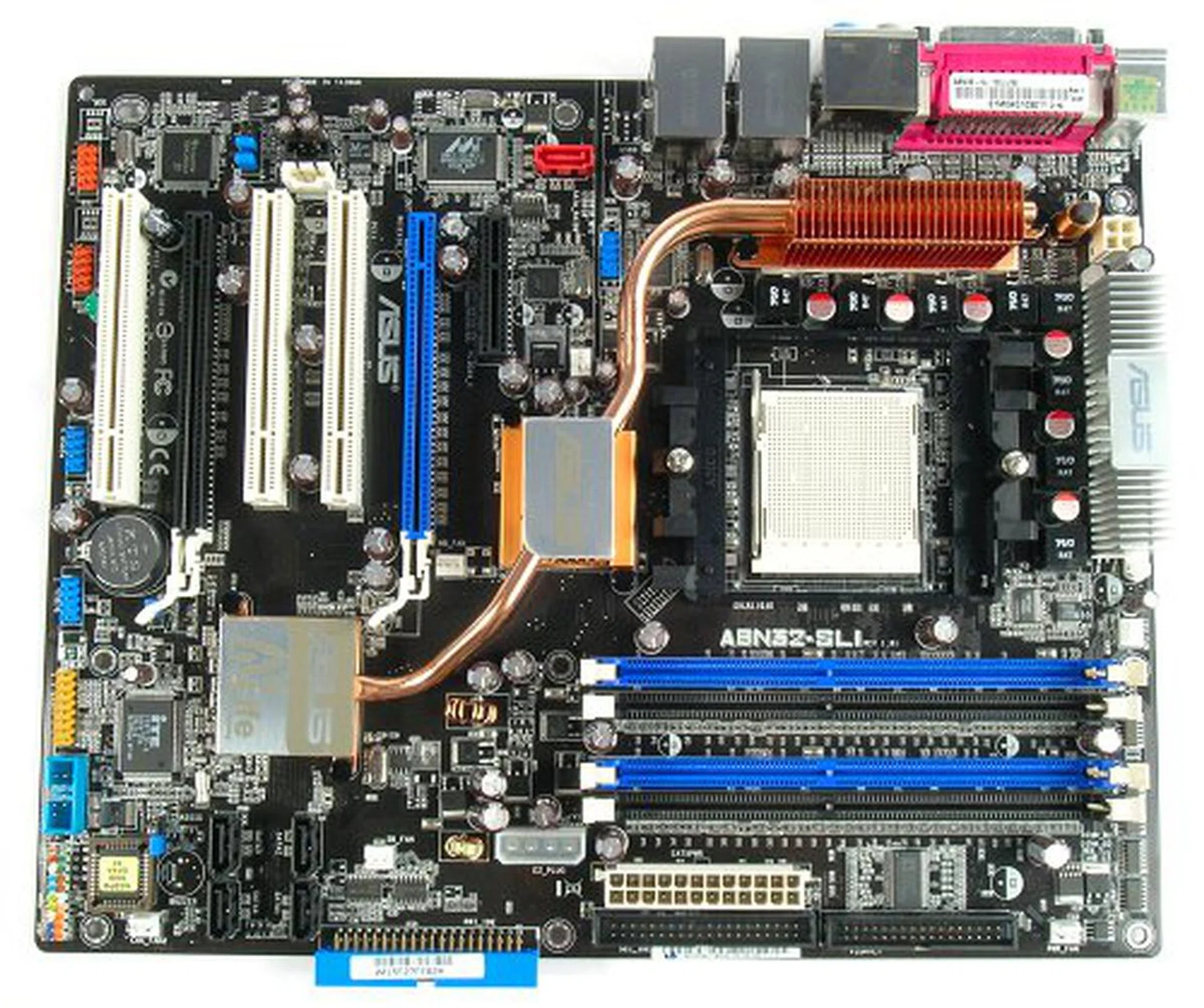 The ASUS A8N32-SLI Deluxe motherboad.