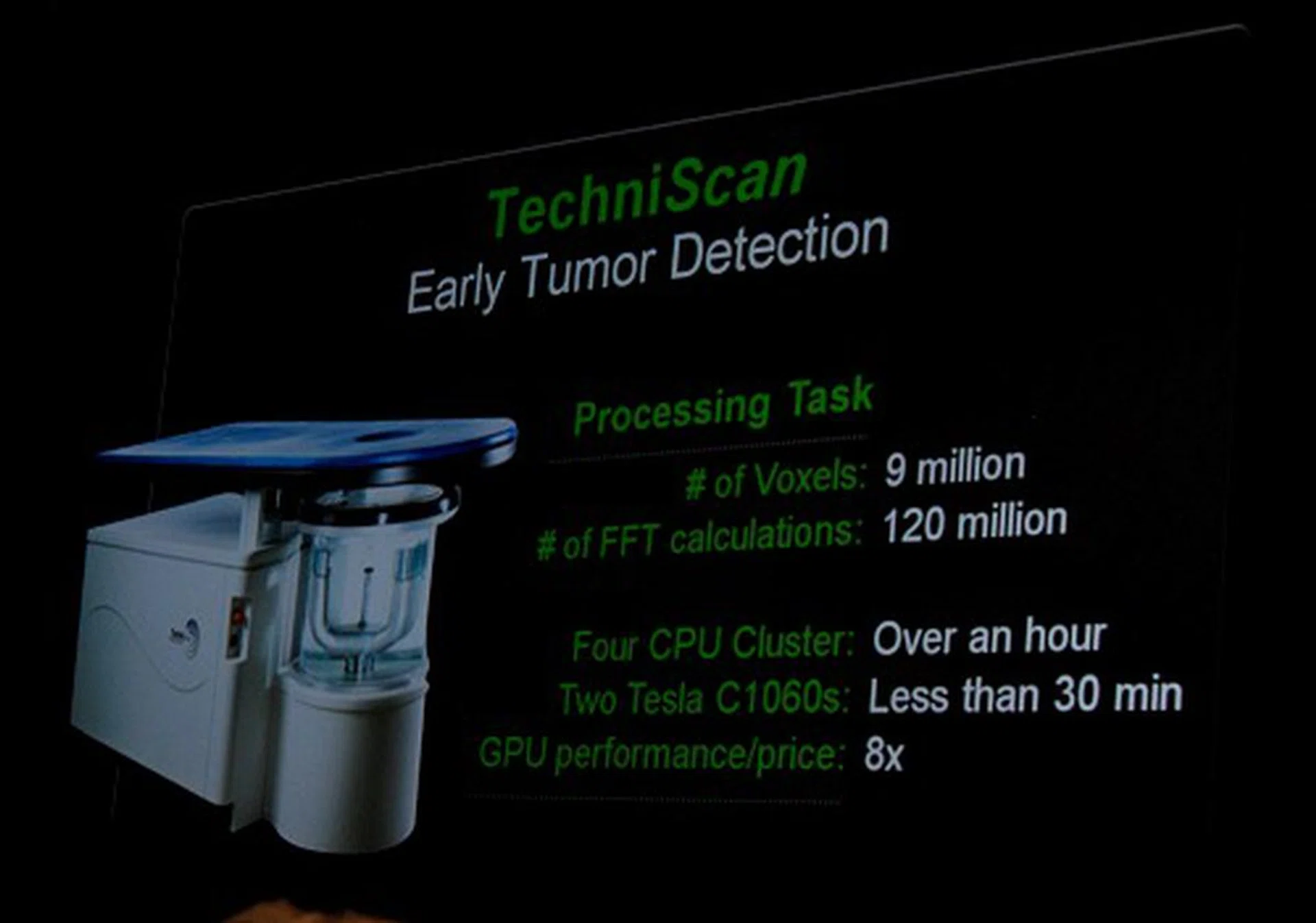 A comparison of data crunching efficiency of a CPU vs. GPU cluster.