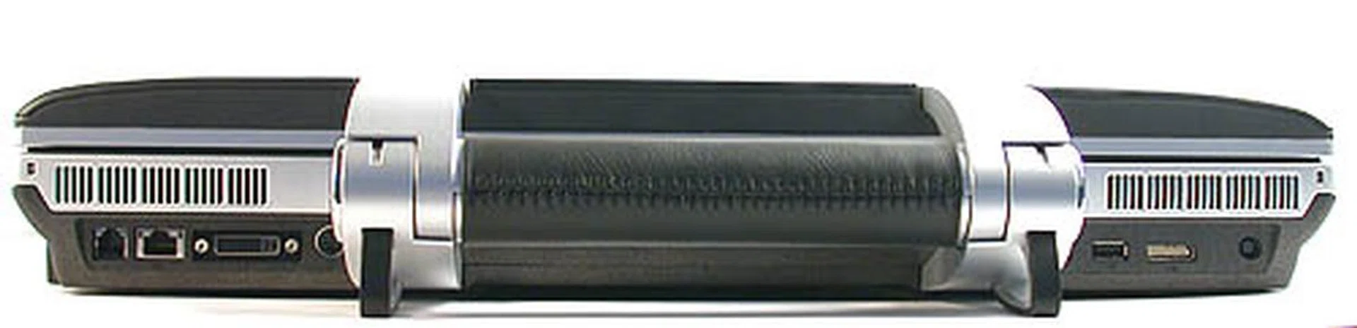 Rear (from left to right):- RJ11 modem jack, RJ45 Ethernet jack, DVI output, S-Video output, 2 USB ports, Dell's proprietary audio output (for the external audio break-out box) and DC power input.