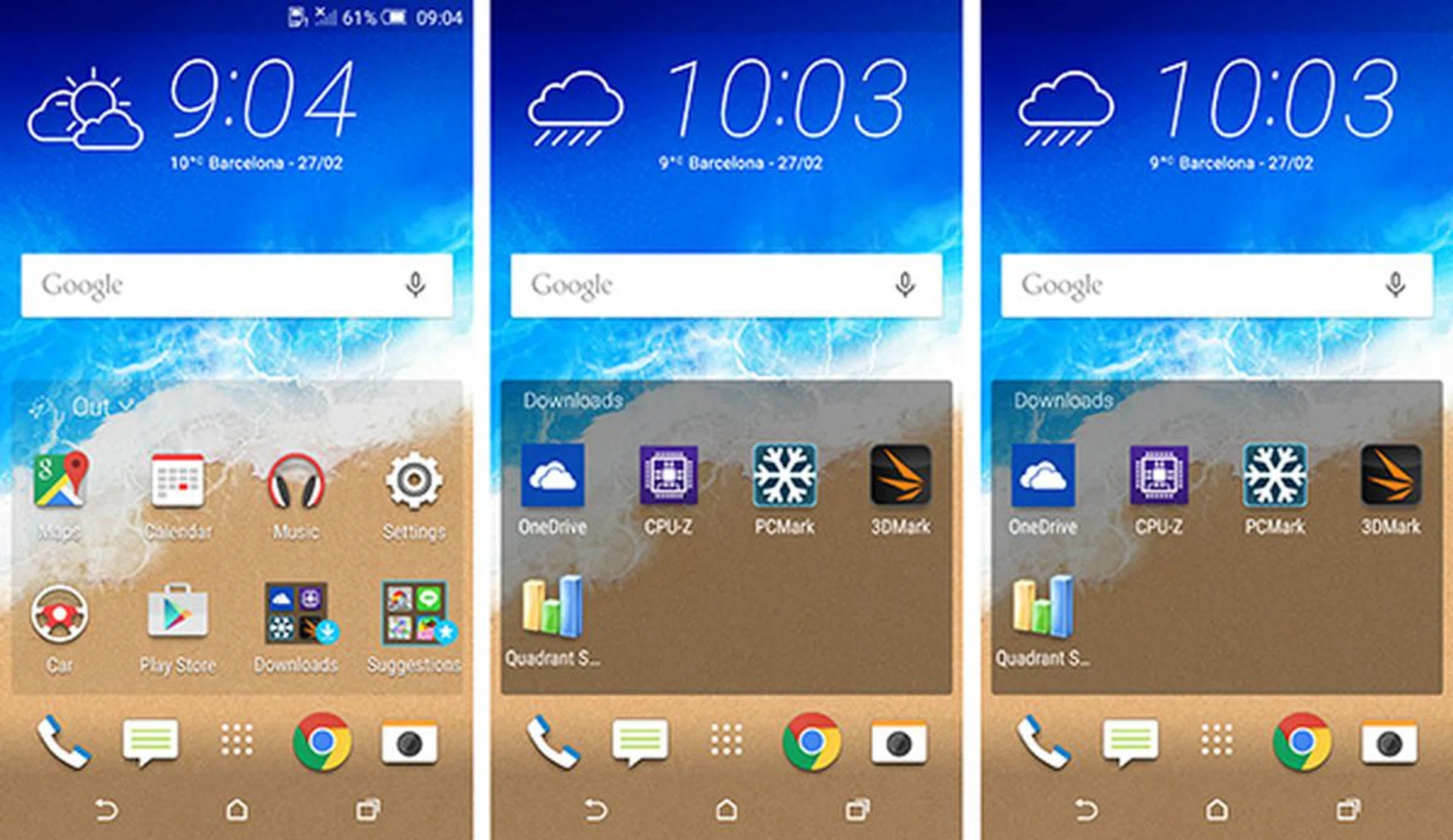 The new Sense Seven UI featuring a smart launcher that displays apps commonly used. There's also a new Downloads folder (center screenshot) and app Suggestions (right screenshot) that lets you discover apps based on the user's usage behavior. 