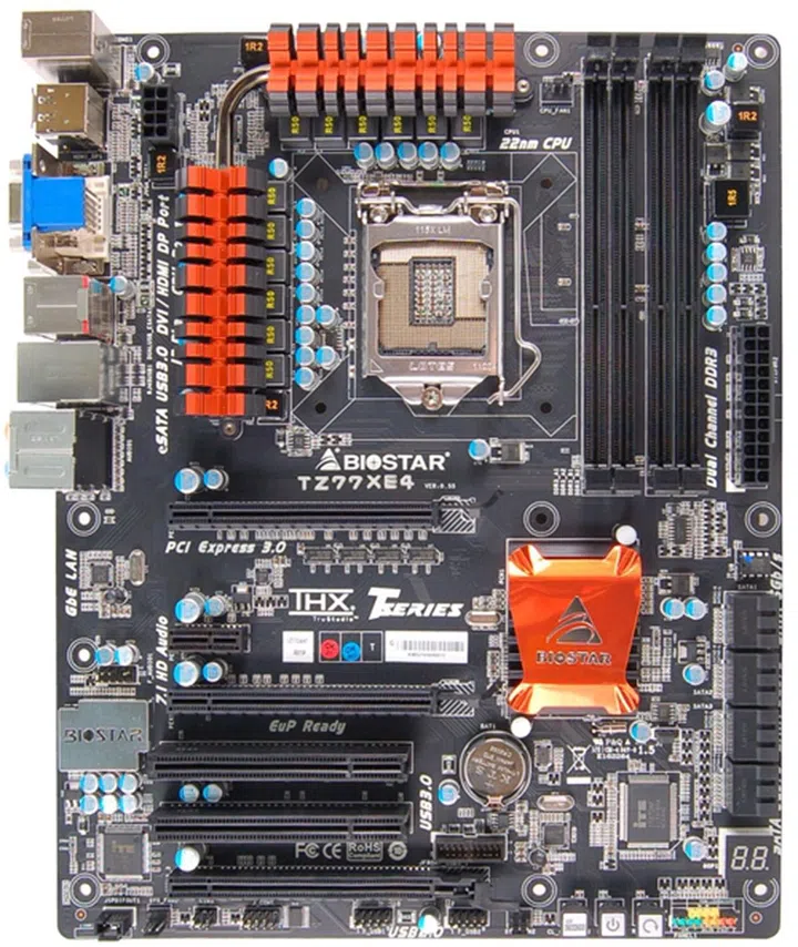 From a bird's-eye view of the board, we spot 8 SATA connectors. We also see a line-up of PCIe Gen 3.0 switching components located near the first of its three PEG slots. The on-board buttons near the bottom edge of the board resembles the ones found on its TPower X79 motherboard.