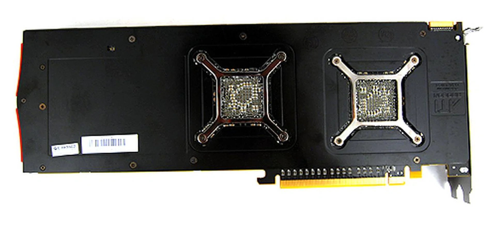 Flipping the Radeon HD 5970 over, we can see where the two Cypress XT GPU cores are located.