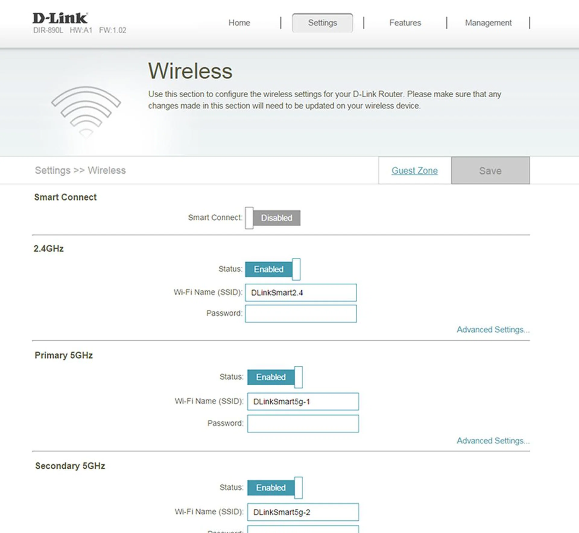 Enabling Smart Connect will cause the D-Link DIR-890L to broadcast only a single SSID. Users can choose to manage their devices manually by broadcasting three separate SSIDs.