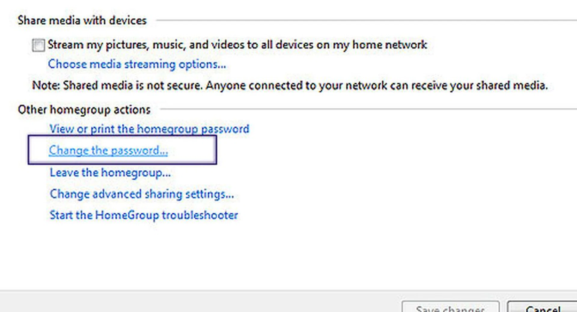 Click on the Homegroup icon at the Control Panel again. Then select "Change the password".