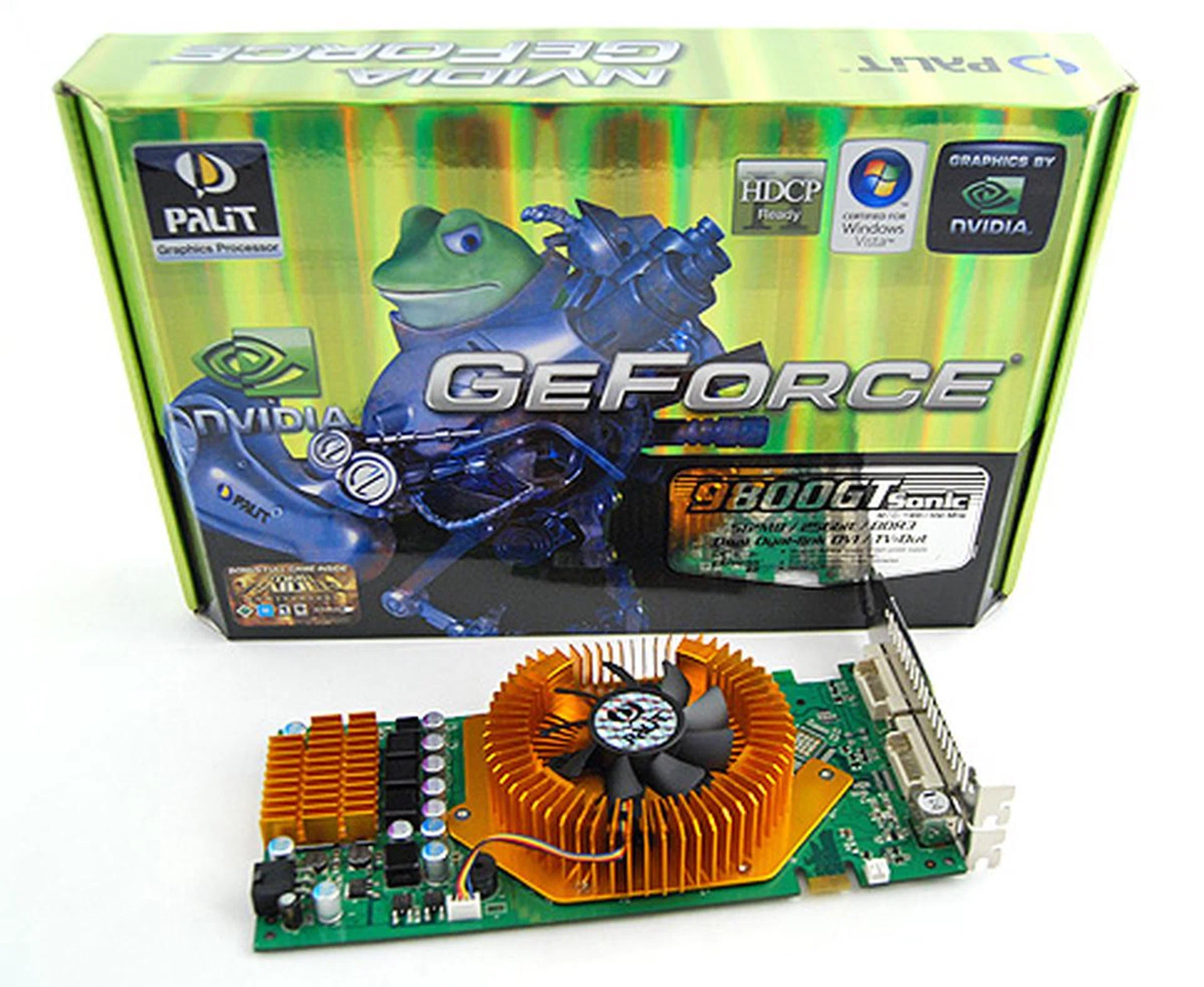 Palit's 9800 GT Sonic came in an interesting hexagonal shaped box. A sticker on it proudly indicates that it comes with a copy of Tomb Raider Anniversary the game.