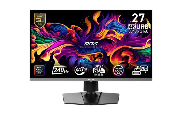 The MSI MPG 272URX QD-OLED, with which MSI claims another world first, having DisplayPort 2.1a on a monitor with these specs. (Image source: MSI)