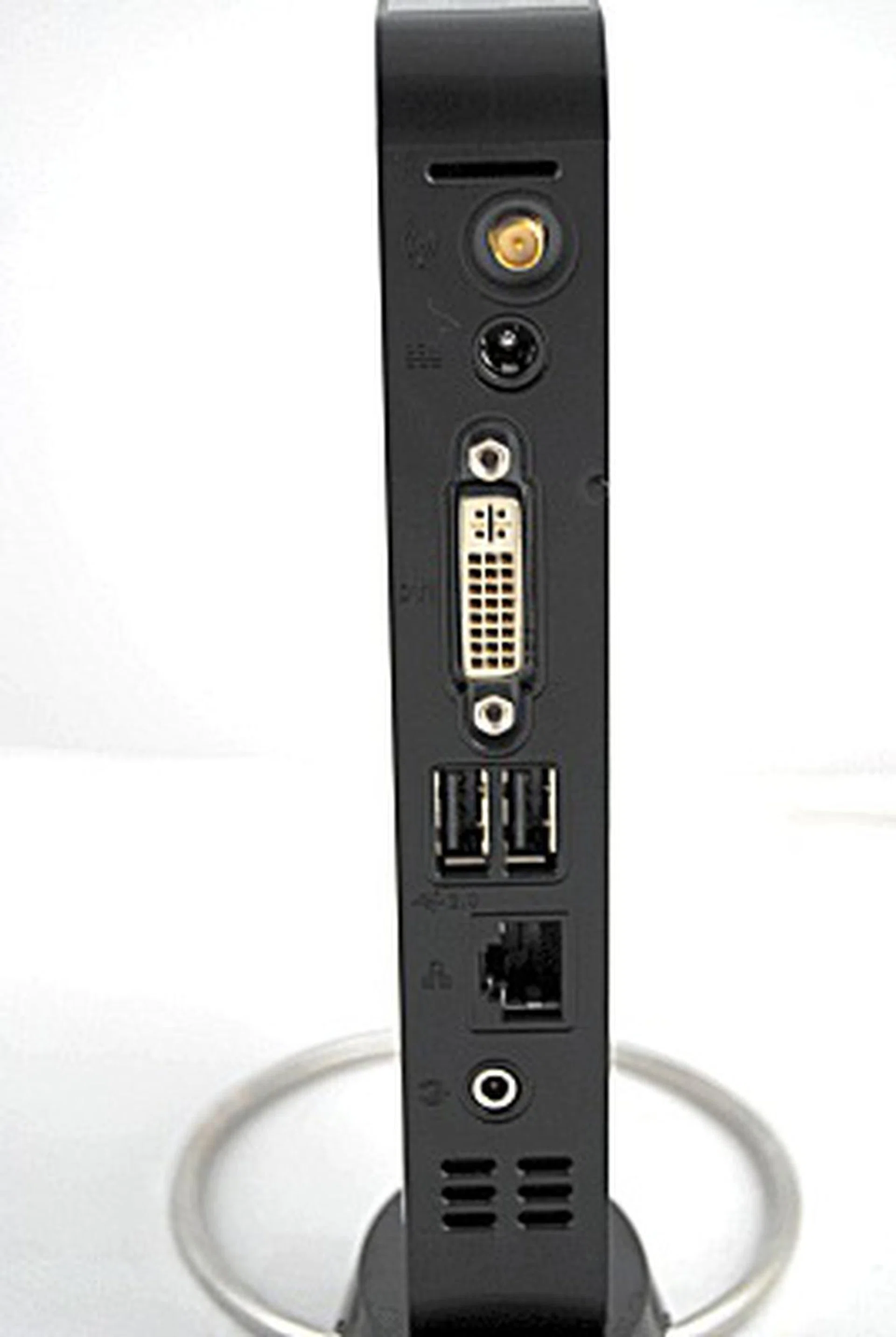 The back portion of the Eee Box features a jack for the wireless antenna, a DVI out, a RJ-45 LAN port and two USB 2.0 ports for your mouse and keyboard.