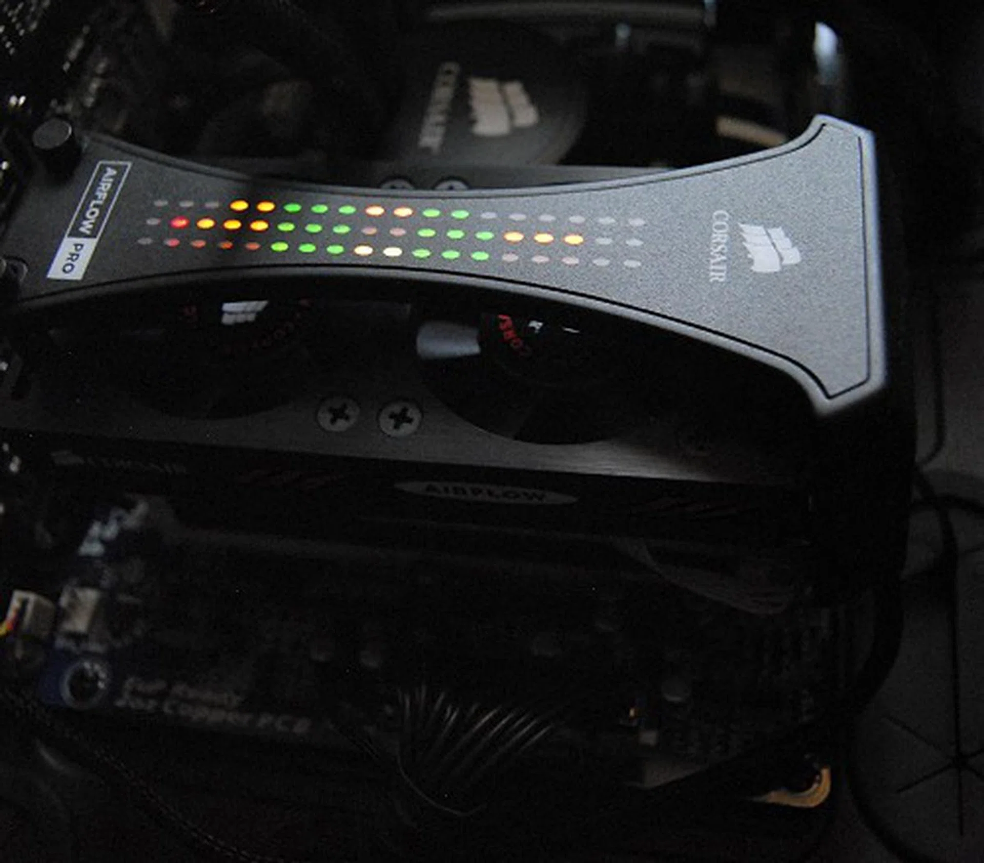Red = heavily loaded / high temperature, Orange = moderately loaded / moderate temperature, Green = light loading / cool temperatures. Note that only the middle two columns are relegated to memory module temperature; the other LEDs are present to represent each and ever one of the memory ICs on the module and to report their activity level. If you've a good side panel window, this feature looks like it will be sought after.