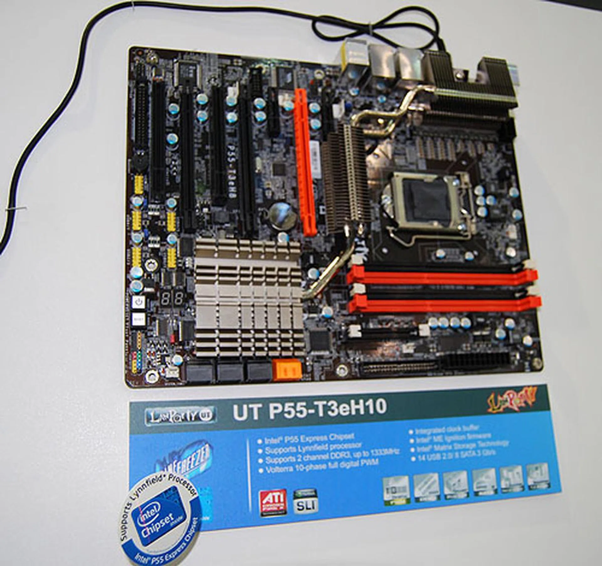 The higher end version is this P55-T3eH10, which has 10 power phases and more fancy features. One of these is this feature that allows the user to restore a board that has had its BIOS corrupted to its original state using another PC like a notebook. One just needs to attach the USB cable to a special port at the rear of the motherboard and with the proper software tools, restore the failed BIOS.