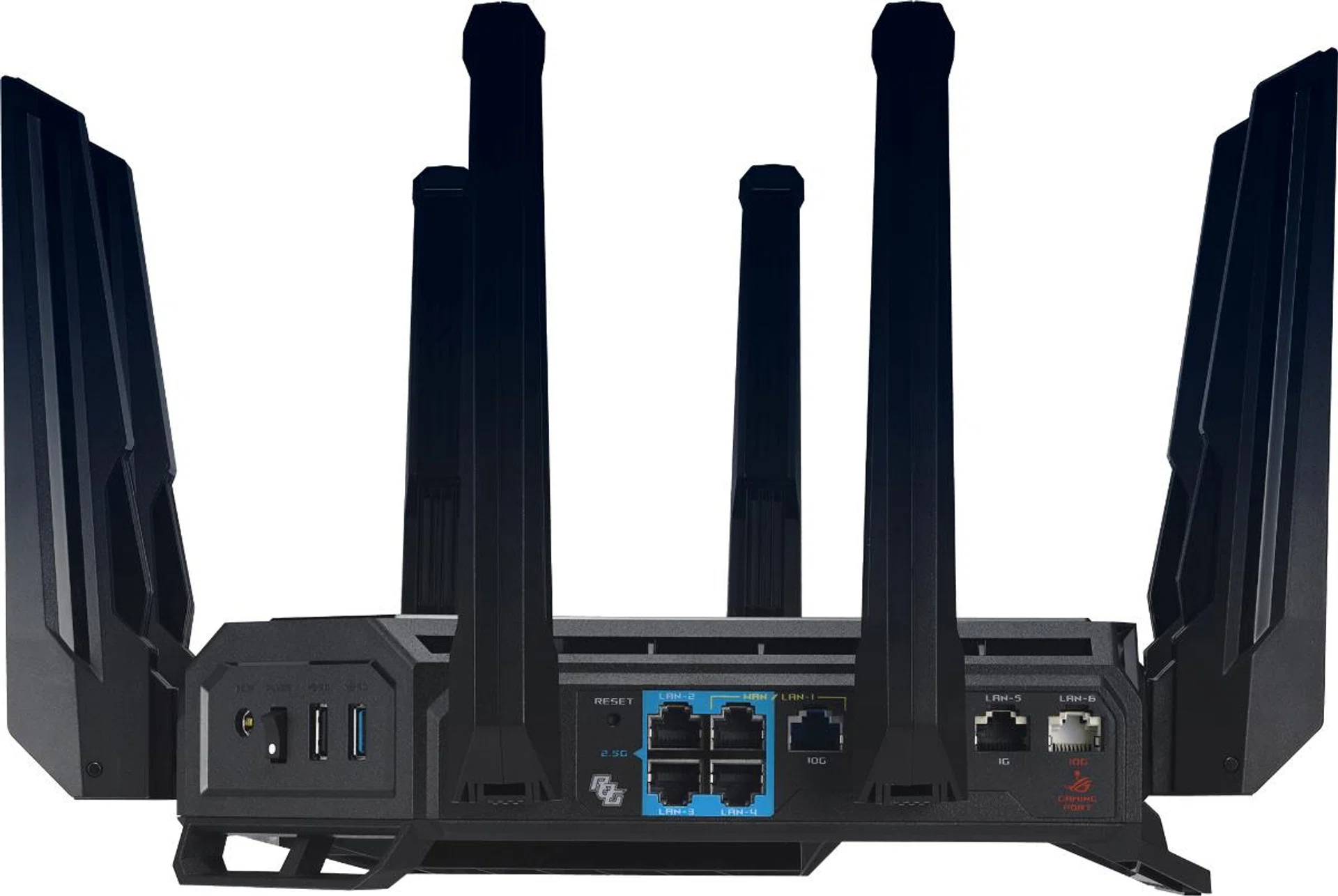 Connectivity is critical if you want to maximise your broadband plan. It's also important if you have many devices that need a stable connection. These are the ports of the ASUS ROG Rapture GT-BE98. Photo: ASUS