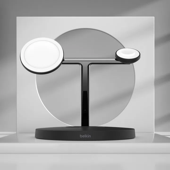 The Belkin BOOST↑CHARGE™ PRO MagSafe 3-in-1 Wireless Charger. <br>Image source: Belkin