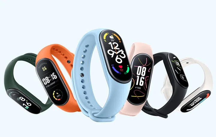 Xiaomi Smart Band 7 (L to R: Olive, Orange, Blue, Pink, Black, White).