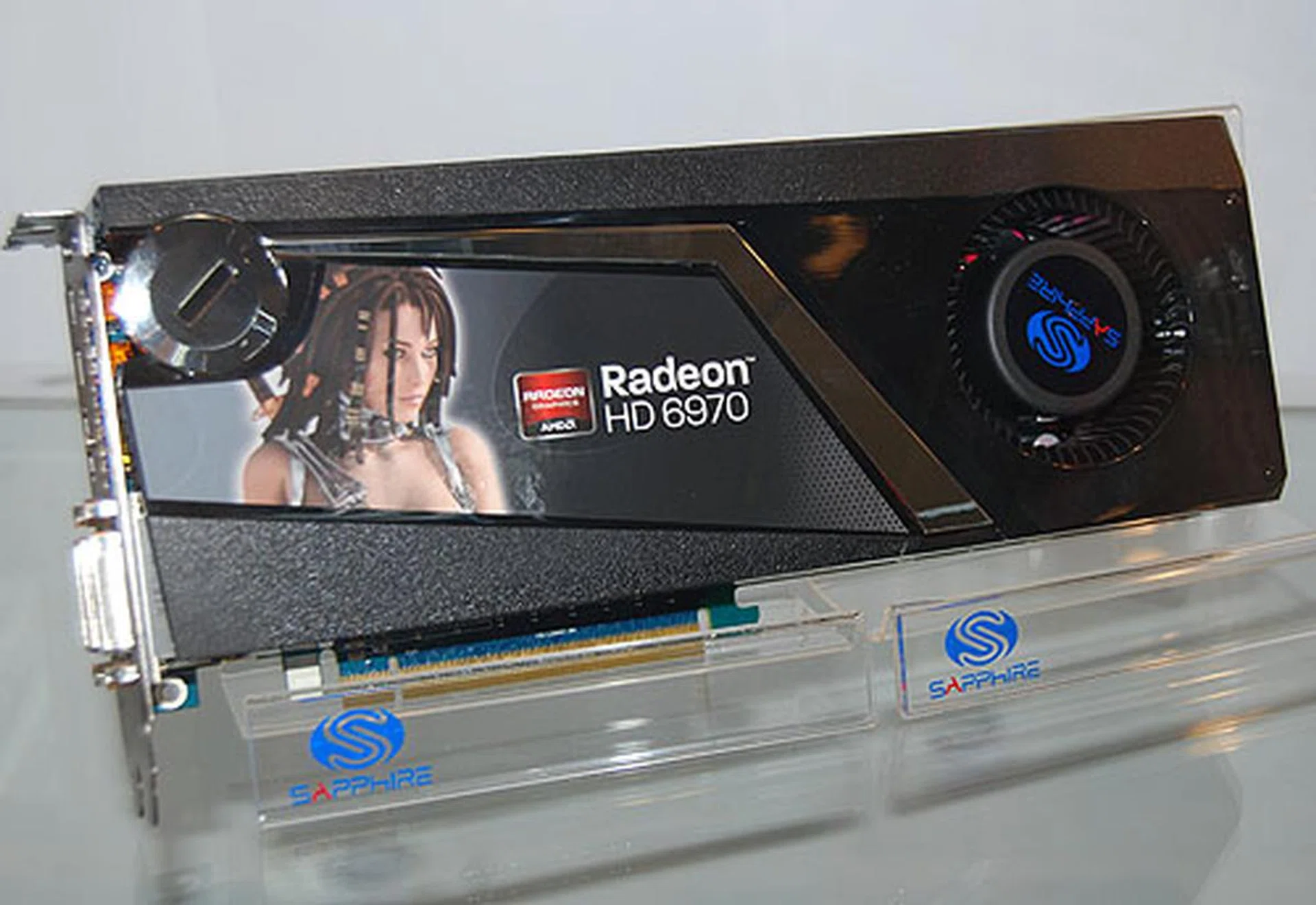 Sapphire's Radeon HD 6970 comes with a fairly attractive cooler. It's clocked at 800MHz and supports HDMI 1.4a, 