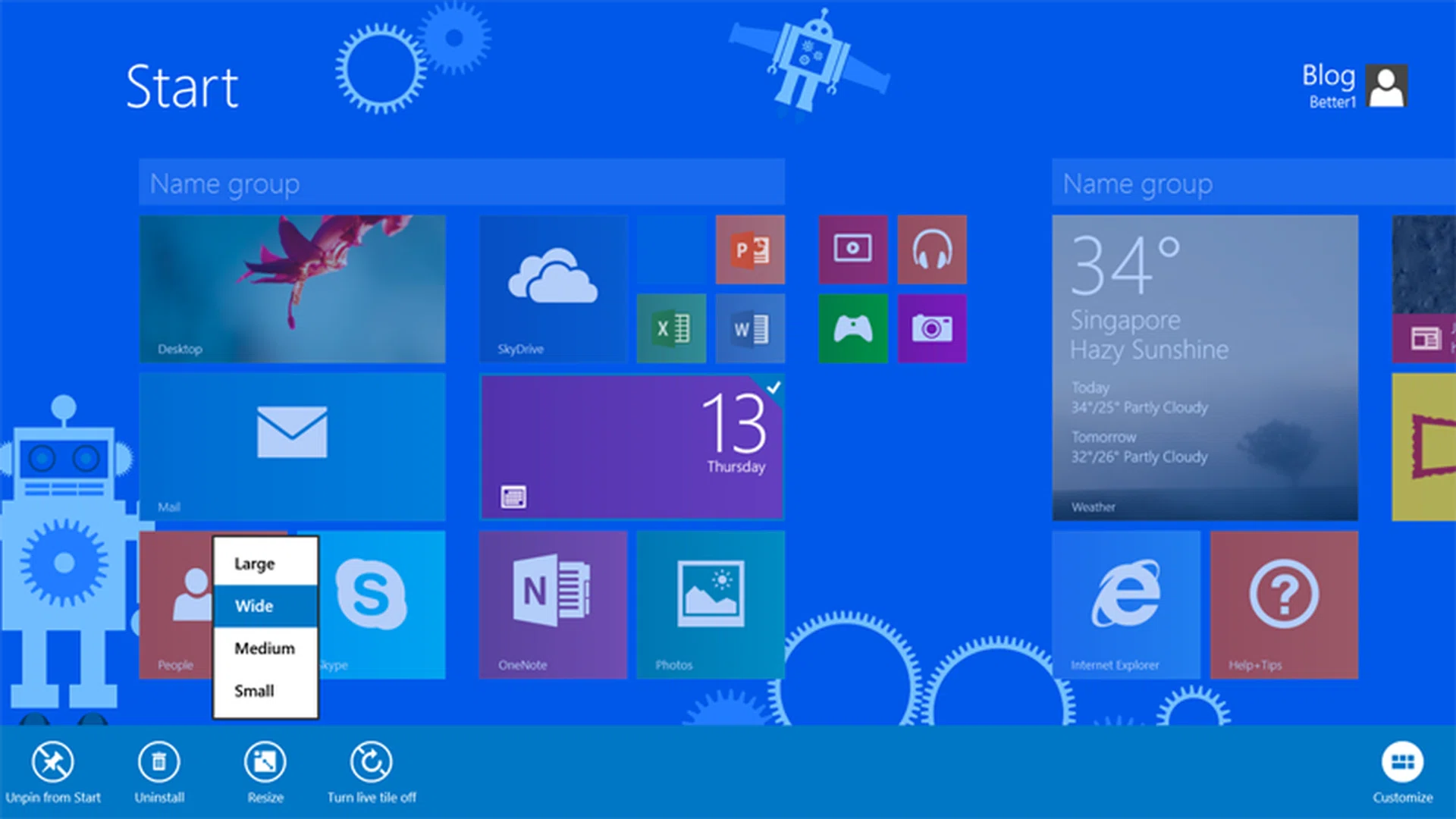 There are now more options for customizing your Start screen, including different tile sizes.