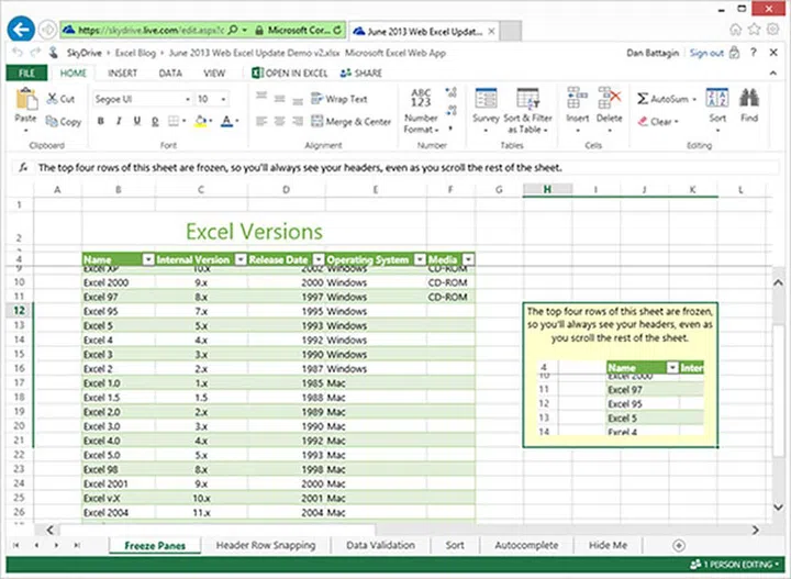According to Microsoft, Freeze Panes has been Excel Web App's most requested feature. (Image source: Microsoft.)