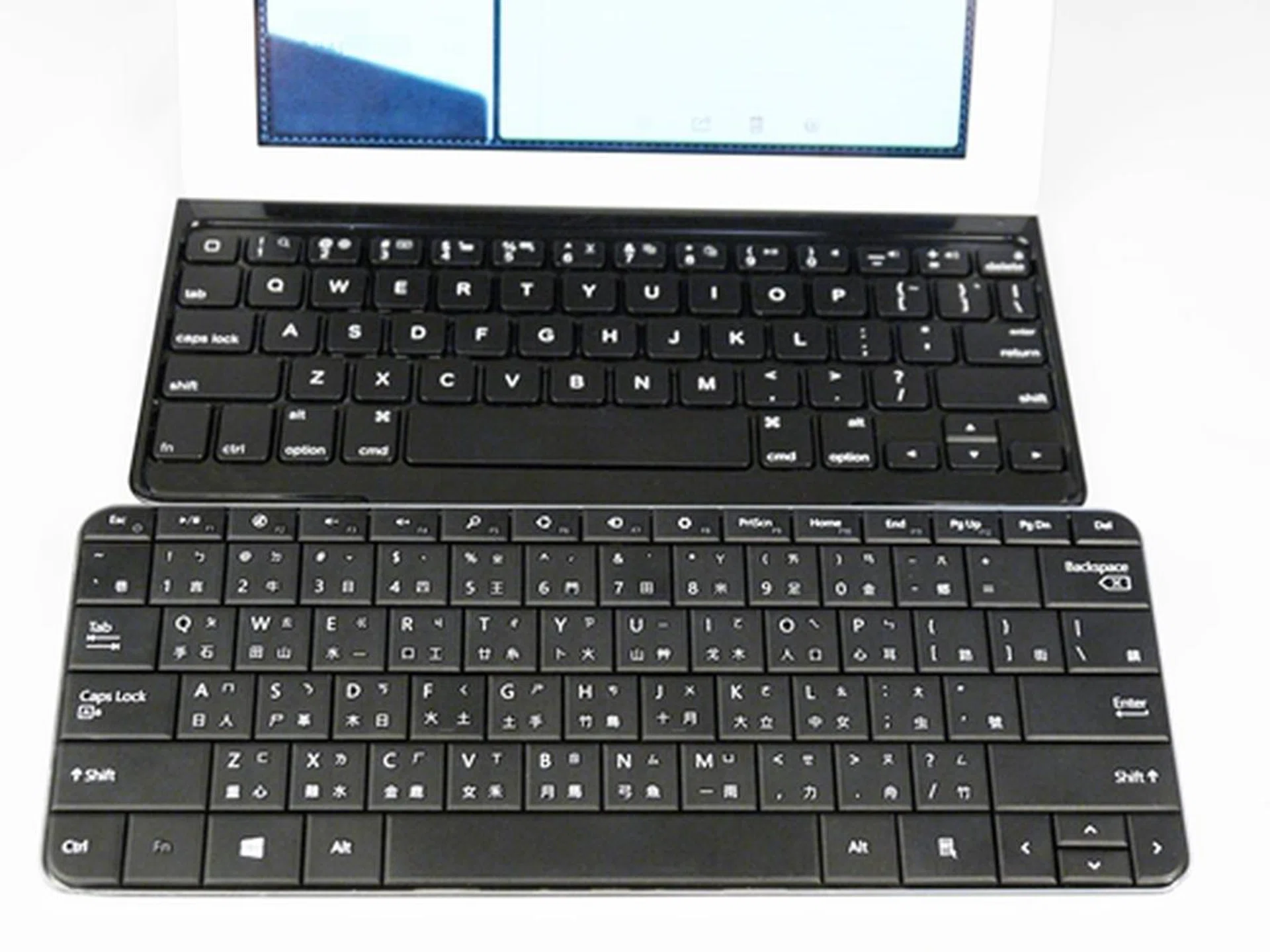 The chiclet-styled Logitech keyboard is reminiscent of Apple's own bluetooth keyboard. We preferred the Microsoft Wedge keyboard because of its familiar 'old-school' design and wider keys that make for easier typing.