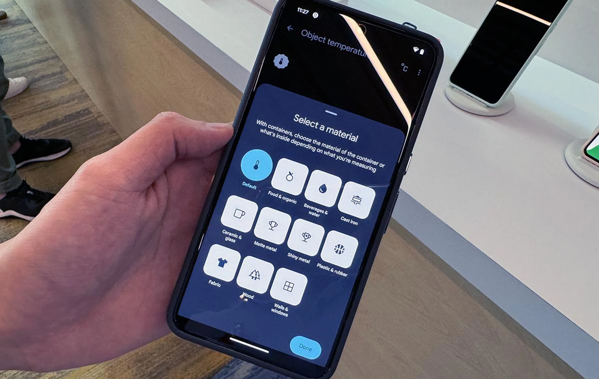 The Object Temperature app wants to know the material type before you put it to the test.