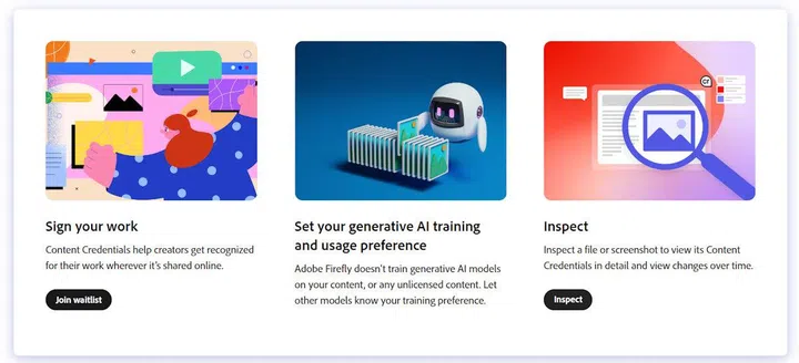 Adobe Content Authenticity web app functions. 