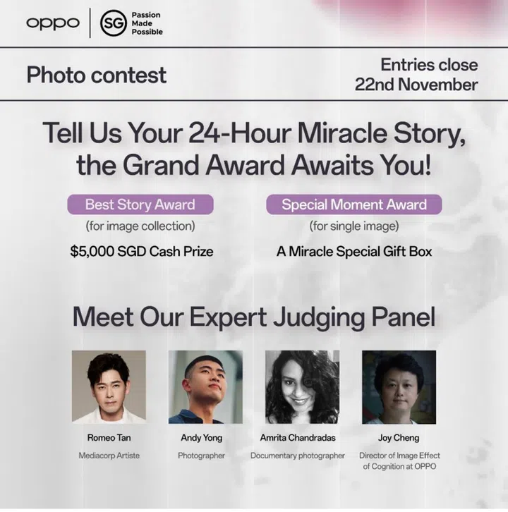 The four judges that will decide on the two awards given out. Out of 20 participants, there's a maximum number of 2 winners, so your odds are pretty good. Image: OPPO Singapore.