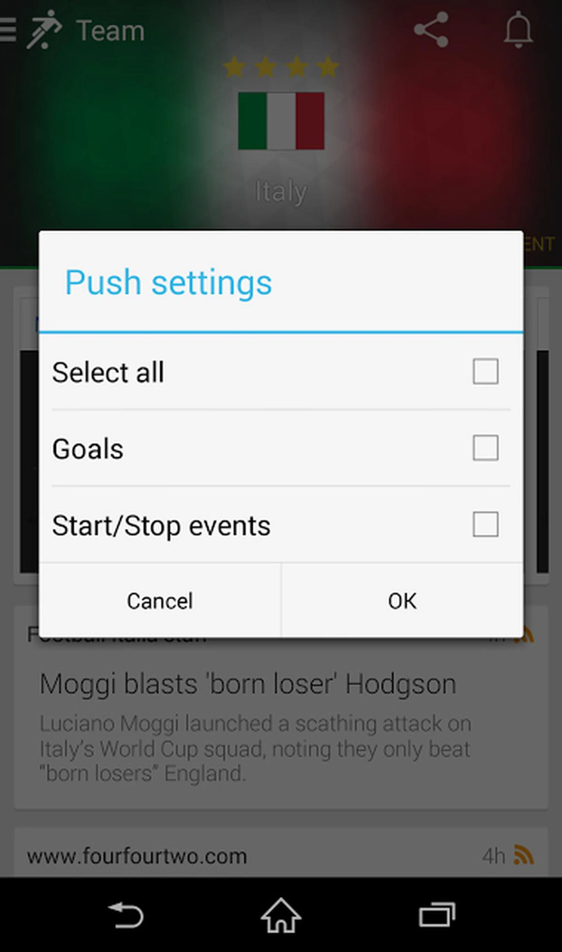 Choose what notifications you want to receive for that specific team (Italy in this case).