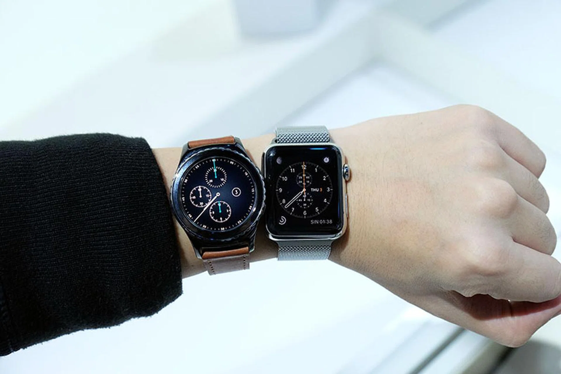 The Gear S2's huge bezel is much easier to rotate than the tiny crown on the Apple Watch.