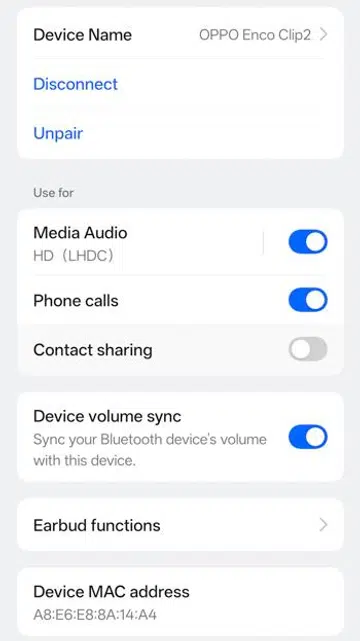 OPPO Enco Clip2 earbuds settings