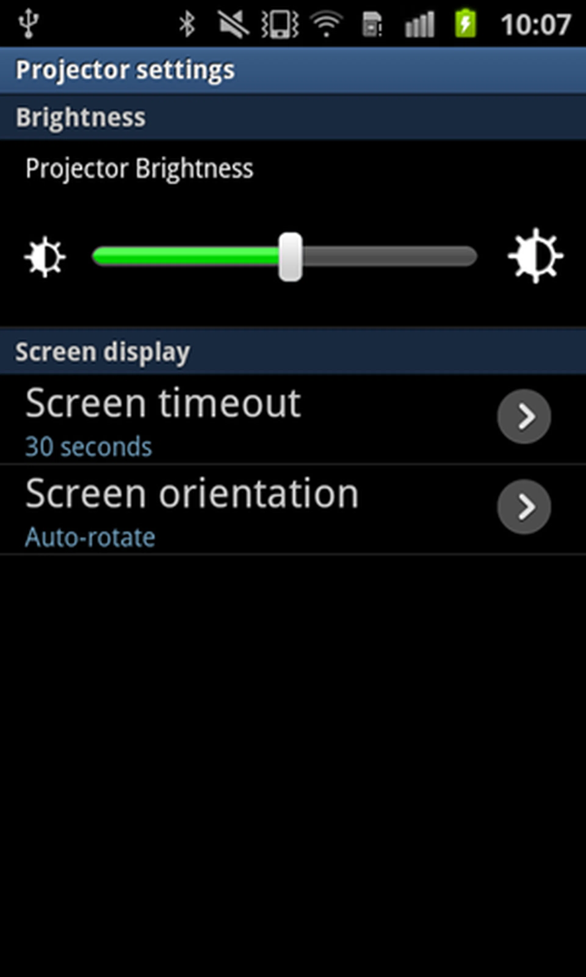 Basic settings such as brightness levels can be adjusted here as well. A faster way would be to quick press the projector button.