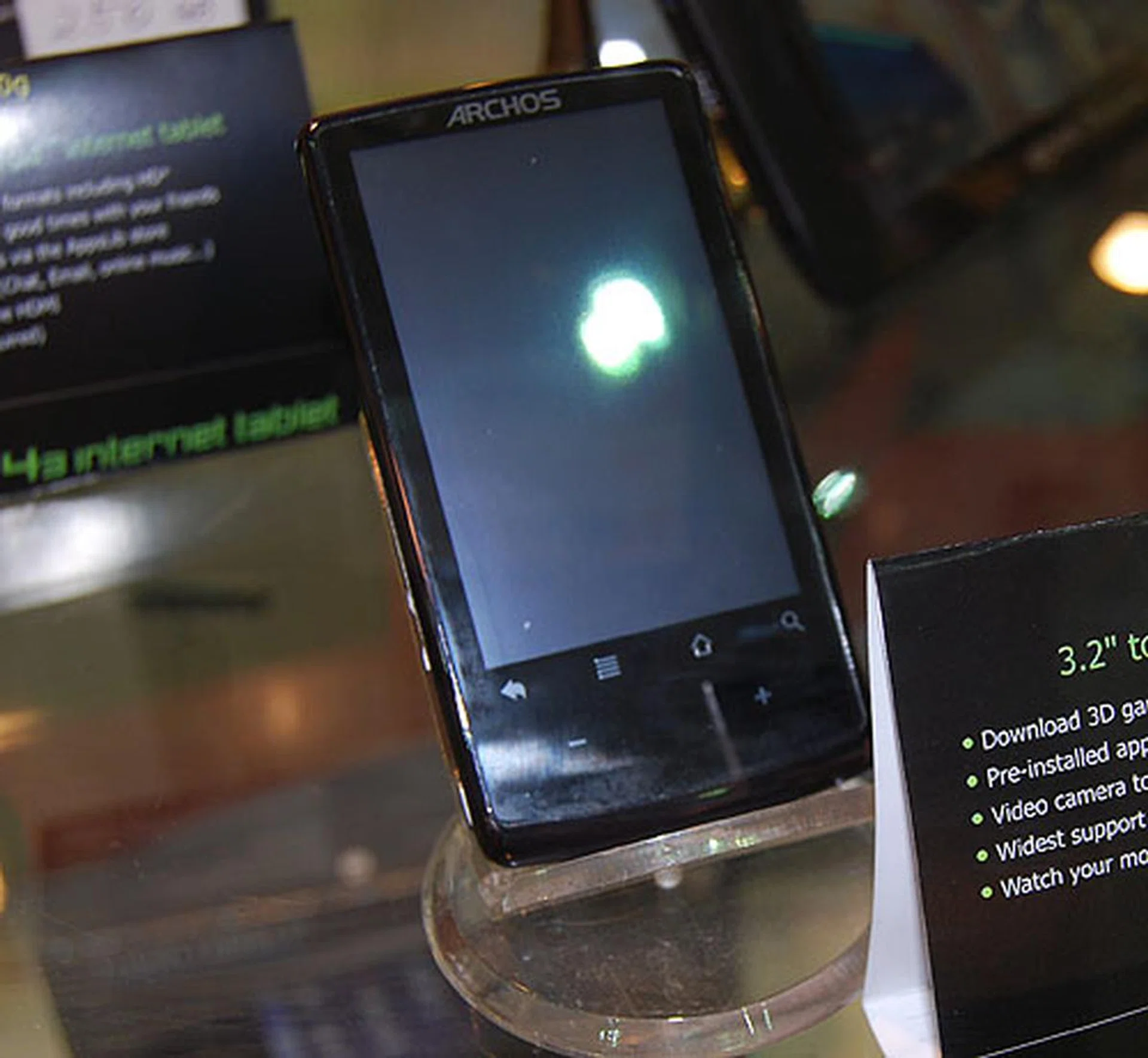 The Archos 32 is what the company dubs an Android player. It has a 3.2-inch resistive touch screen with support for 720p HD video and Wi-Fi connectivity. 8GB of Flash storage is included. 