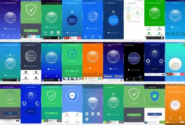 A collage of the user interfaces of Android antivirus apps. <br>Image source: AV-Comparatives