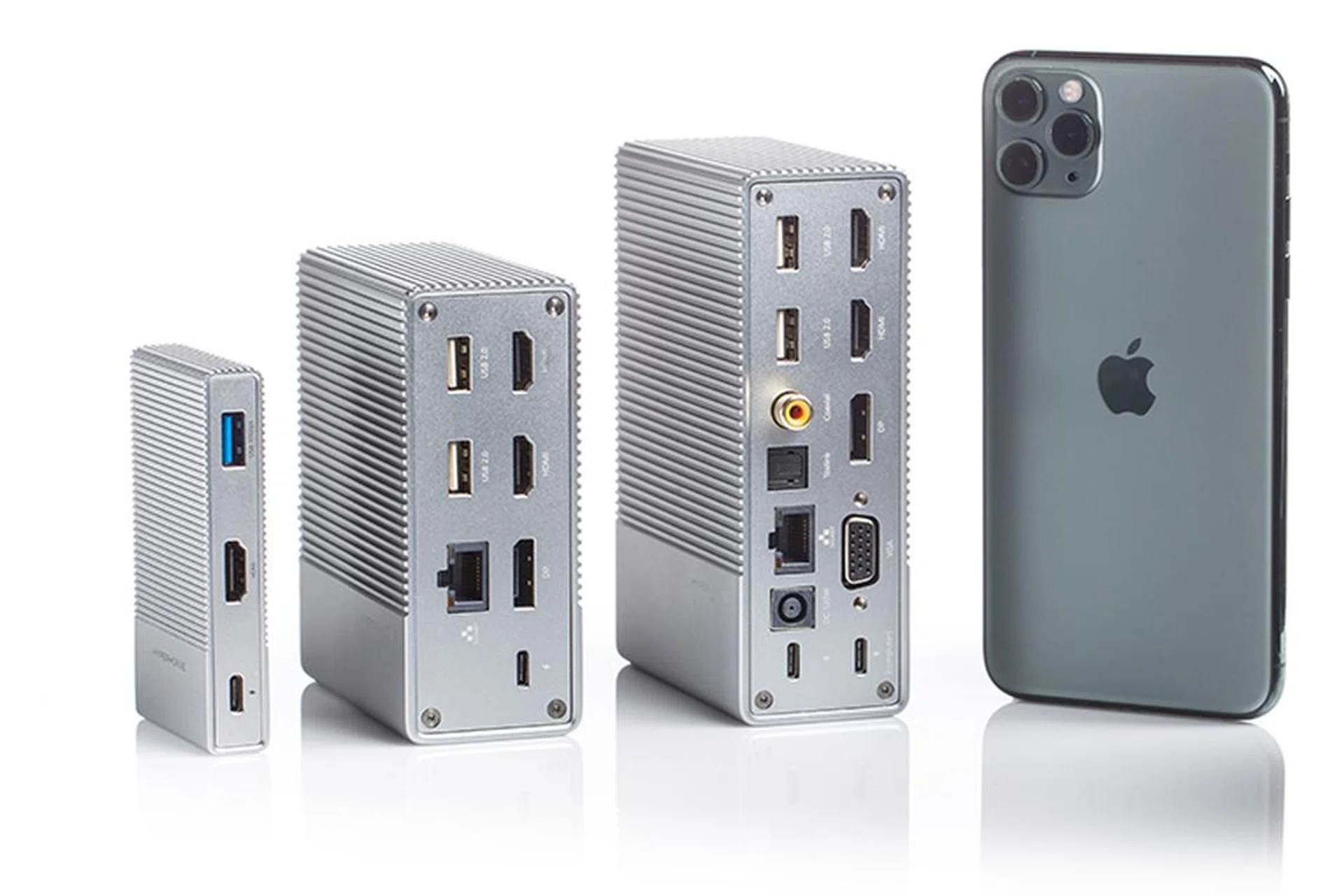 Six-port, 12-port, and 18-port variants of the HyperDrive Gen2 USB hub. Phone for scale.