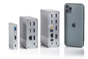 Six-port, 12-port, and 18-port variants of the HyperDrive Gen2 USB hub. Phone for scale.