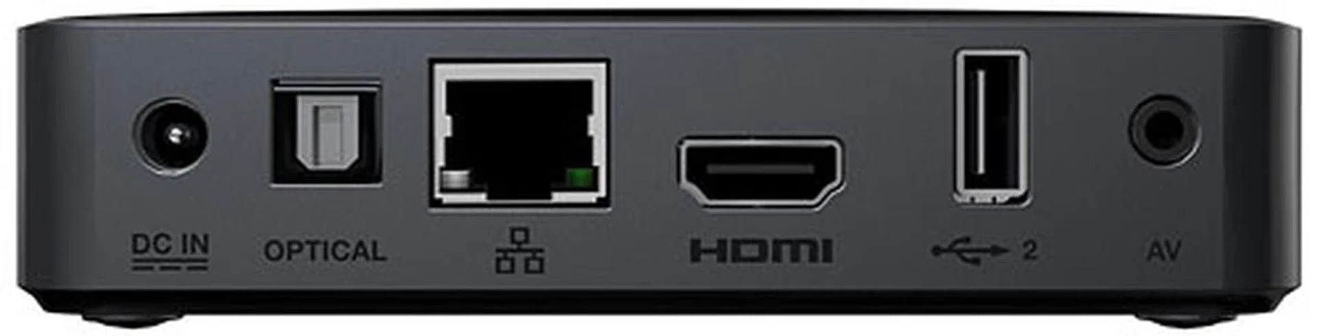 Besides the DC-IN jack, a S/PDIF output, an Ethernet port, an HDMI port, a USB port, and a composite A/V output populate the rear of the player.
