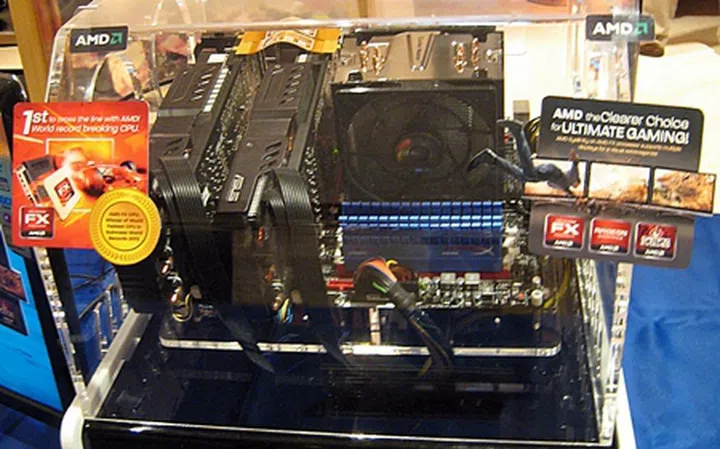 The AMD FX-8150 installed on ASUS CrosshairV Formula with a Radeon HD 6970 and a Radeon HD 6950 pairing for its discrete graphics setup.