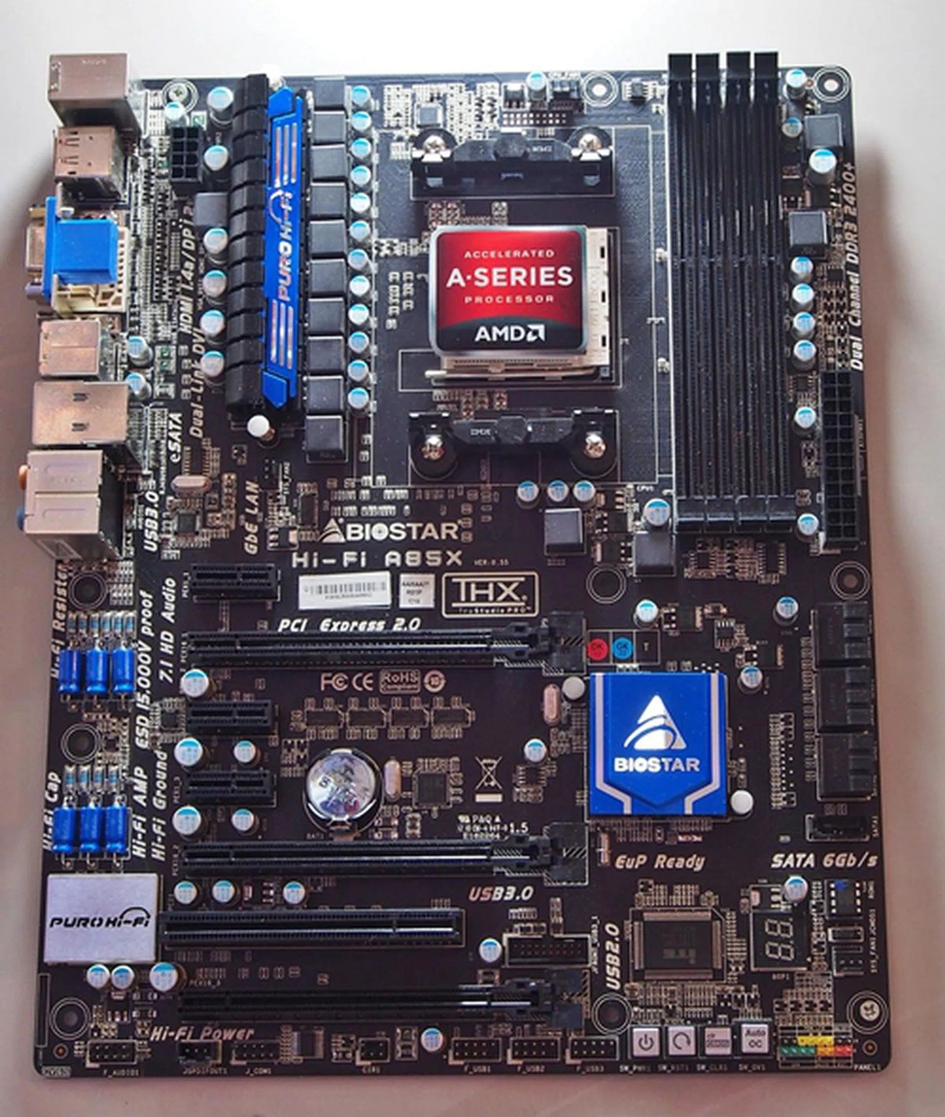 The board has four DIMM slots that supports up to 32 GB of dual-channel DDR3-2400+ memory. It has three PCIe 2.0 x16 slots, three PCIe x1 slots and a single legacy PCI slots. Besides the usual standard video ports (HDMI, DVI-I and D-Sub), it has a DisplayPort output too. Storage-wise, it has eight SATA 6Gbps connectors and a lone eSATA 6Gbps rear port.