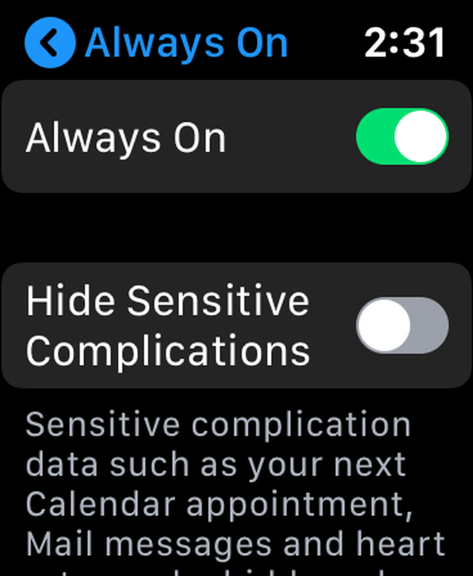 You can choose to hide sensitive complications in the Settings app.