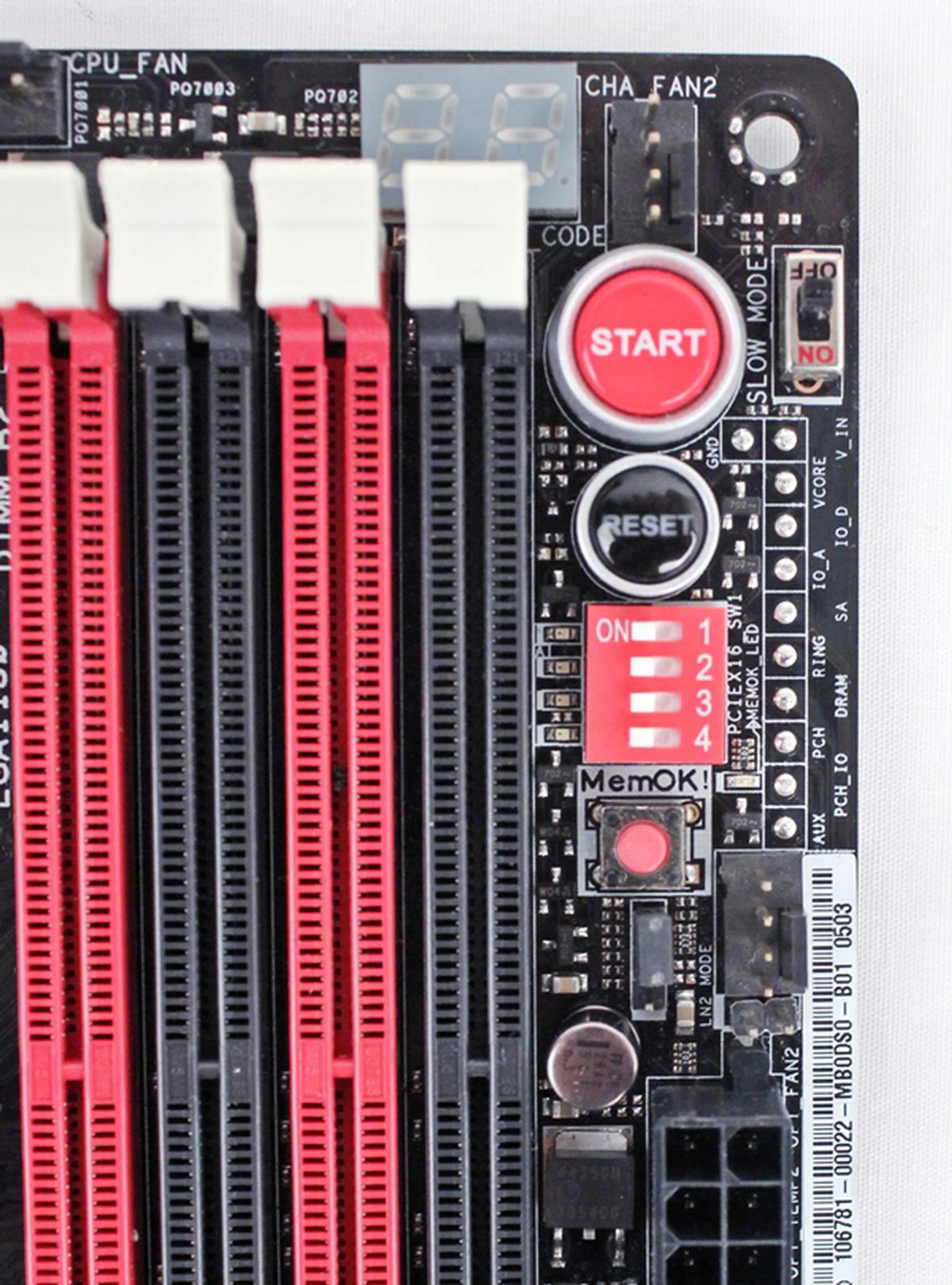 The PCB area near the DIMM slots is choke full of onboard features. The ROG ProbeIt voltage detection points are located below the Slow Mode on/off switch.