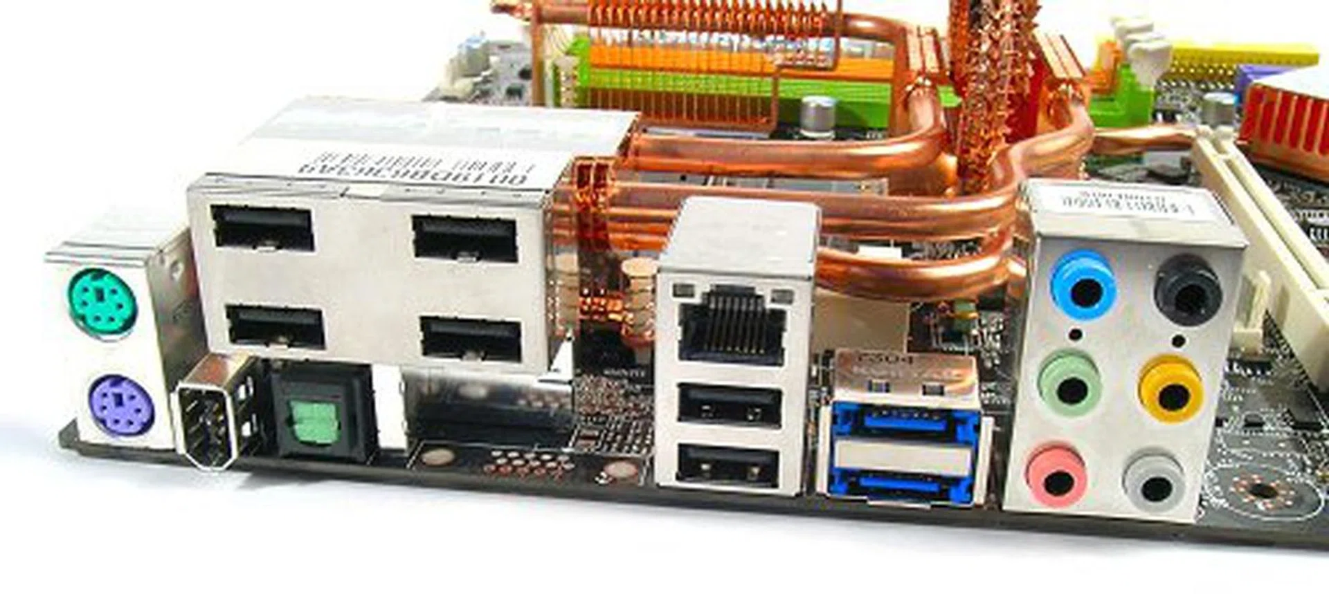 An unorthodox rear panel design from MSI for the P35 Platinum D3 board. MSI takes out the legacy COM and LPT ports to include a large USB 2.0 hub. The board will also include two eSATA ports (which probably explains why there are only four internal SATA connectors onboard).