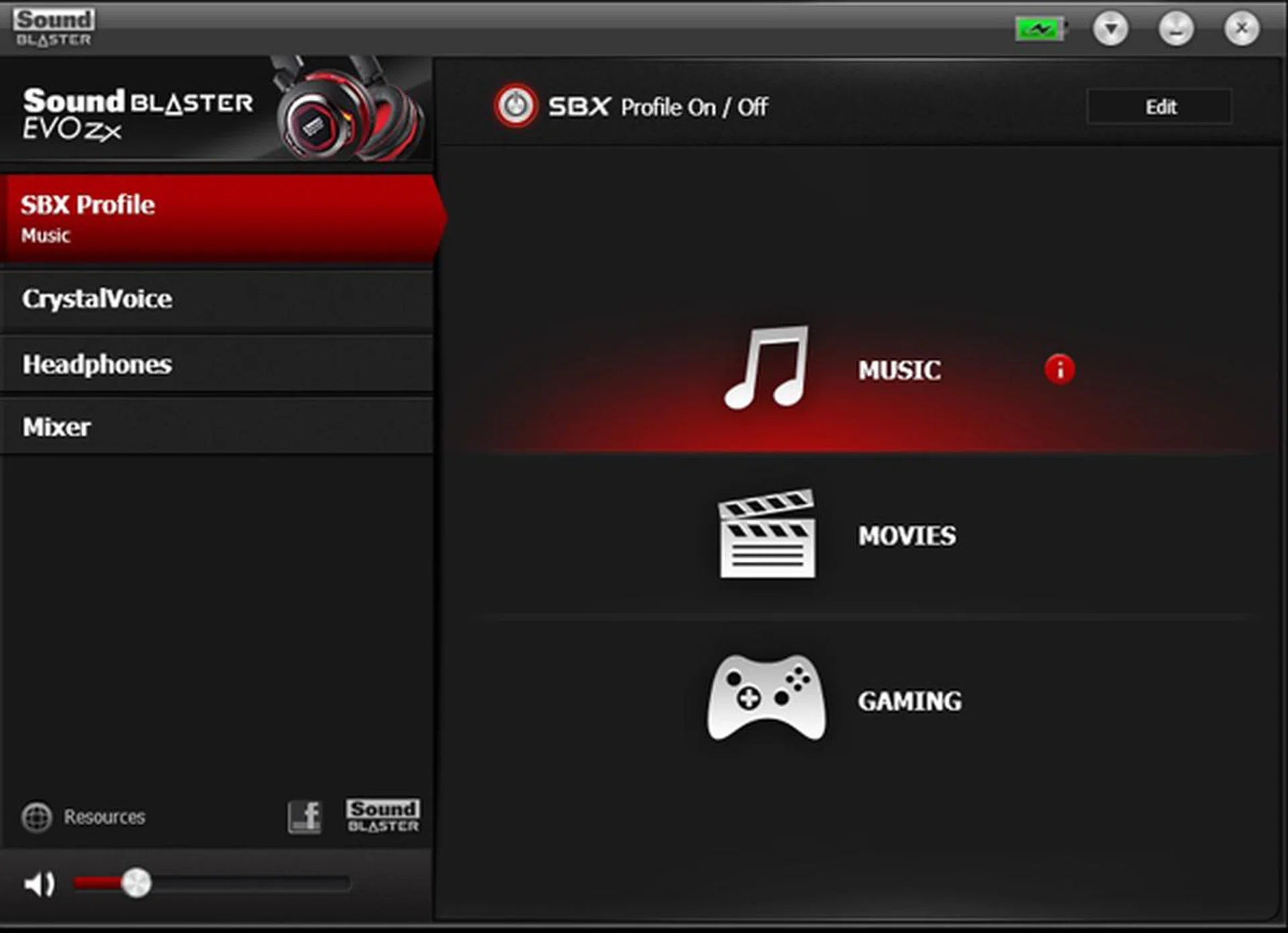 The Sound Blaster Evo Control Panel provides access to three specific profile modes for different usage scenarios.