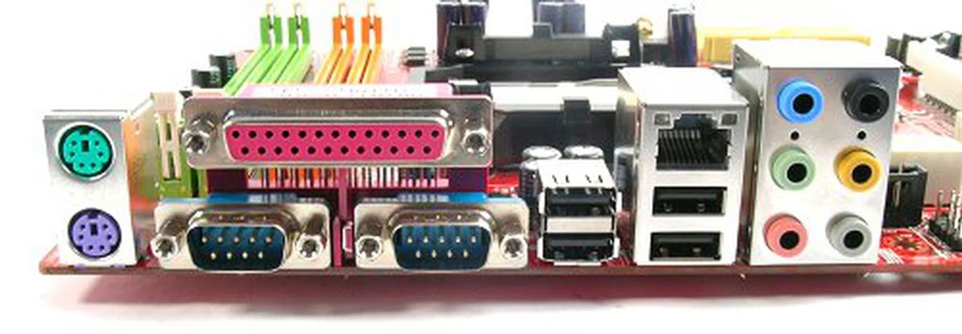 A legacy friendly rear I/O panel with PS/2, parallel and two serial ports mixed in with USB 2.0, RJ45 and analog surround audio jacks.
