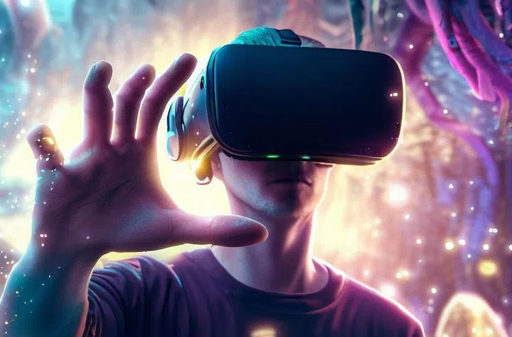 A futuristic depiction of an augmented reality headset being used by a person