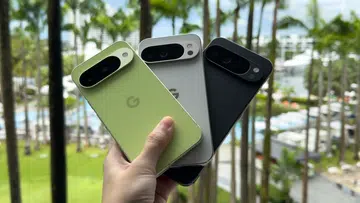 Rear view of the Google Pixel 10, Pixel 10 Pro, and Pixel 10 Pro XL.