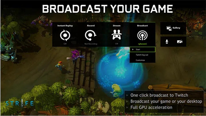 The Broadcast button lets you stream video directly to Twitch. (Image Source: NVIDIA)