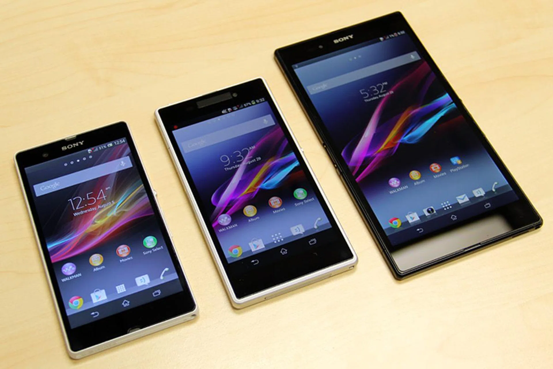 Seen here are the Sony Xperia Z(left), Xperia Z1 (center) and Xperia Z Ultra (right).