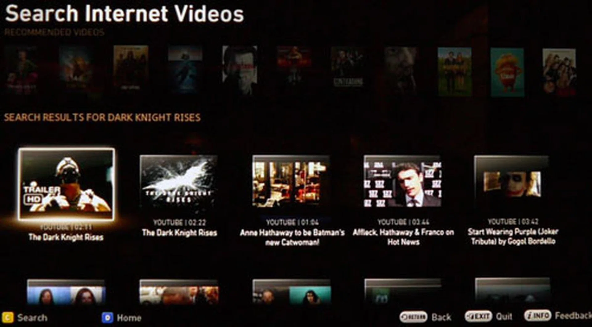 We tried conducting a search of the phrase "Dark Knight Rises" on the mio TV PLAY application. Most of the results are pulled from YouTube as shown.