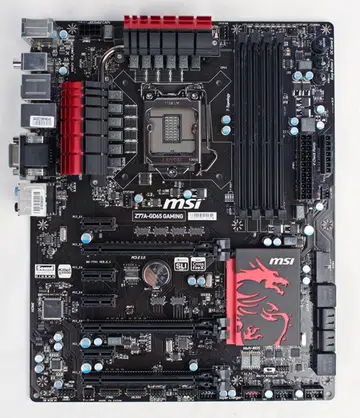 The MSI Z77A-GD65 Gaming board sports a menacing-looking chipset heatsink that sports the Dragoon Army motif. The board supports overclocked memory modules rated up to DDR3-3000+ and features a Killer E2205 Gigabit chip to reduce latency during online gaming.