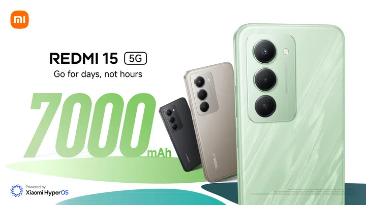 A digital rendition of Xiaomi’s retail banner for it Redmi 15 5G phone, highlighting its 7,000mAh battery capacity.