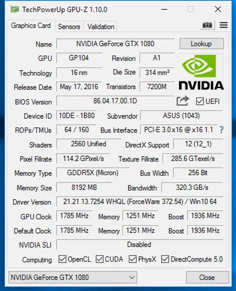 ASUS ROG Strix GeForce GTX 1080 OC GPU-Z
